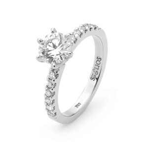 6 claw solitaire ring with a diamond band by Stelios Jewellers in Perth