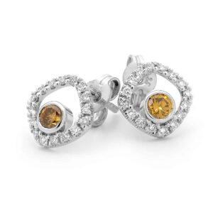Orange diamond and White diamond halo earrings by Stelios Jewellers in Perth