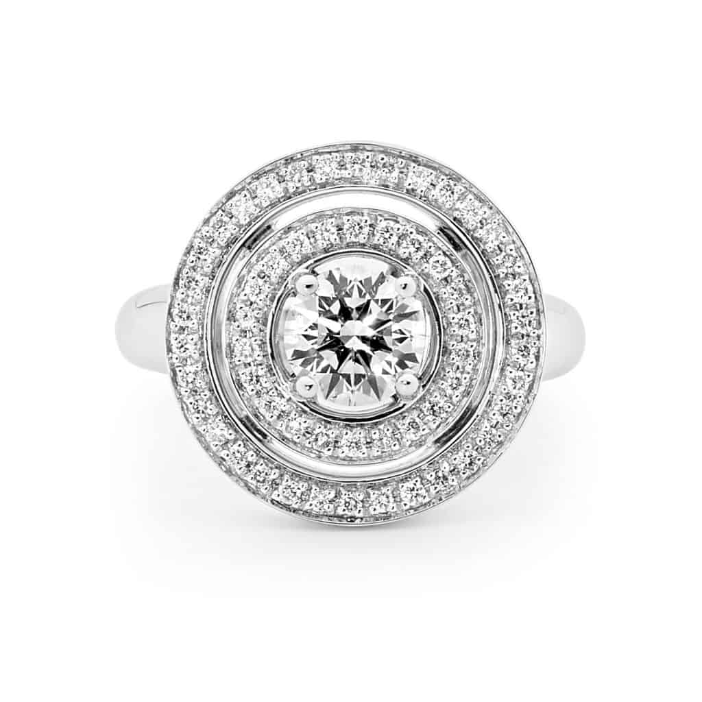 Round brilliant Diamond ring with a Double halo by Stelios Jewellers in Perth